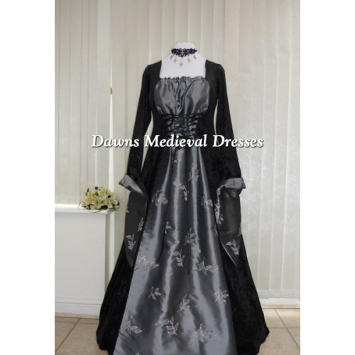 Gothic Medieval Black Velvet and Silver Taffeta Dress